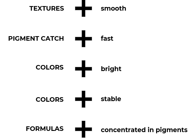 New pigment formulas, more intense, faster setting, brighter and more stable colors